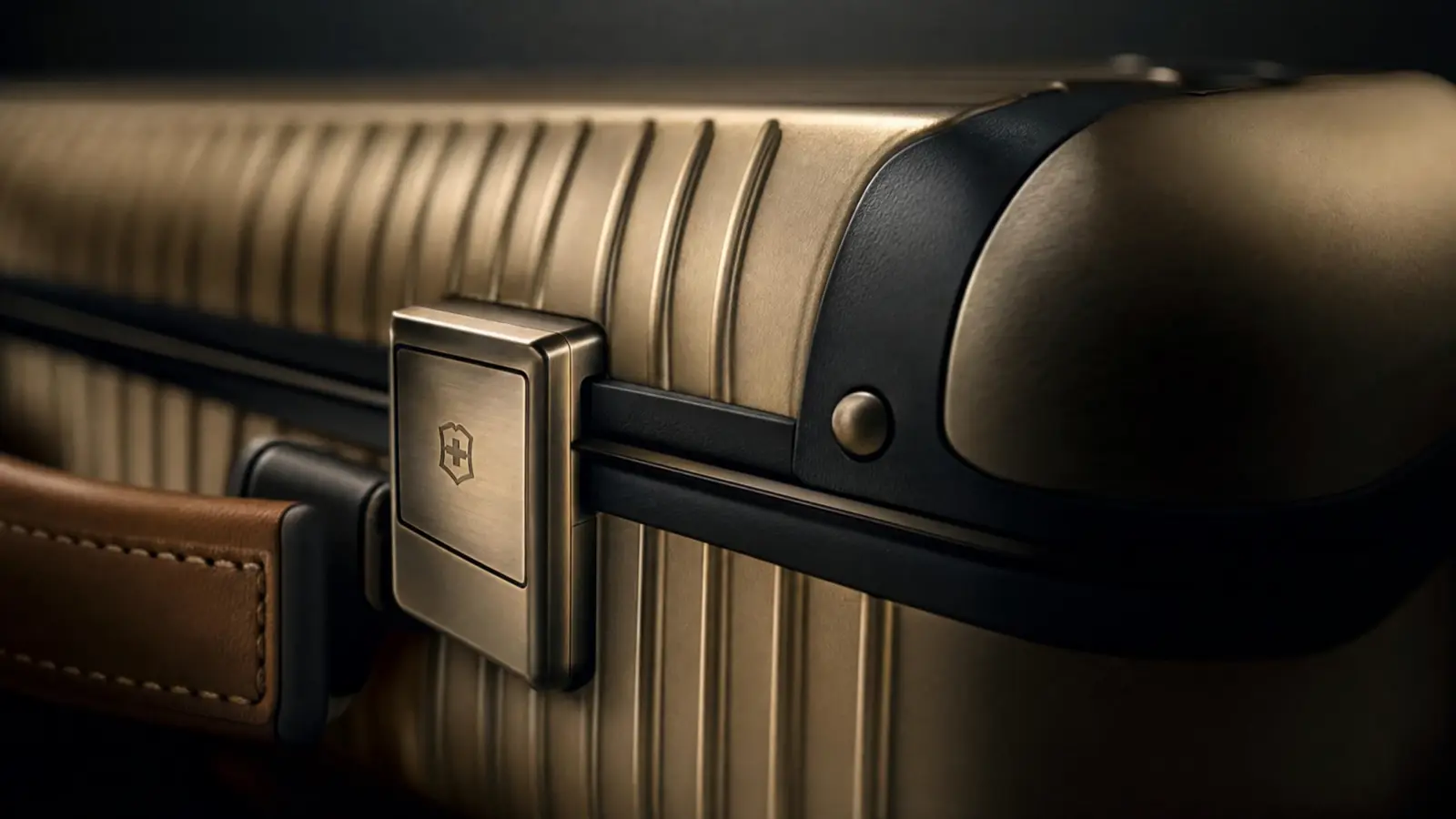 Close-up of the MERIDIAN shell — vertical-ribbed champagne anodized aluminium catching the light.