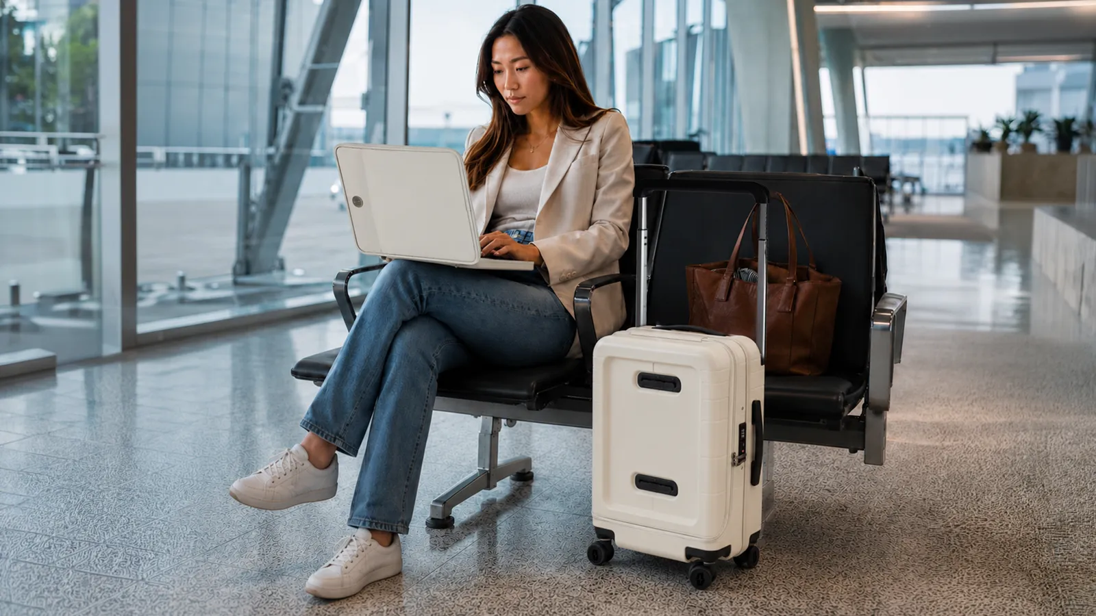 A traveller working on her laptop at the gate, the Vasy beside the bench.