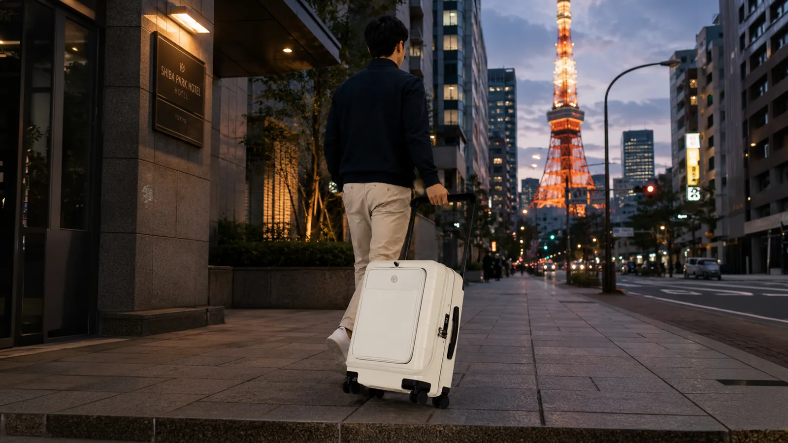 Rolling the Vasy through a Tokyo street at night, tower lit behind.