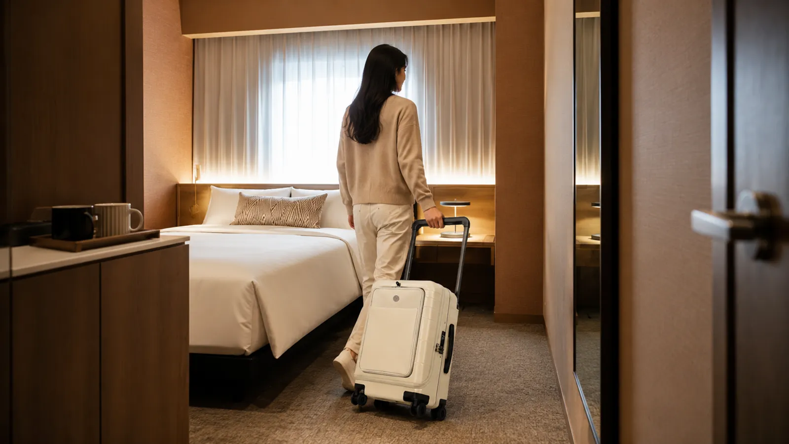 Arriving in a hotel room with the Vasy, evening light.