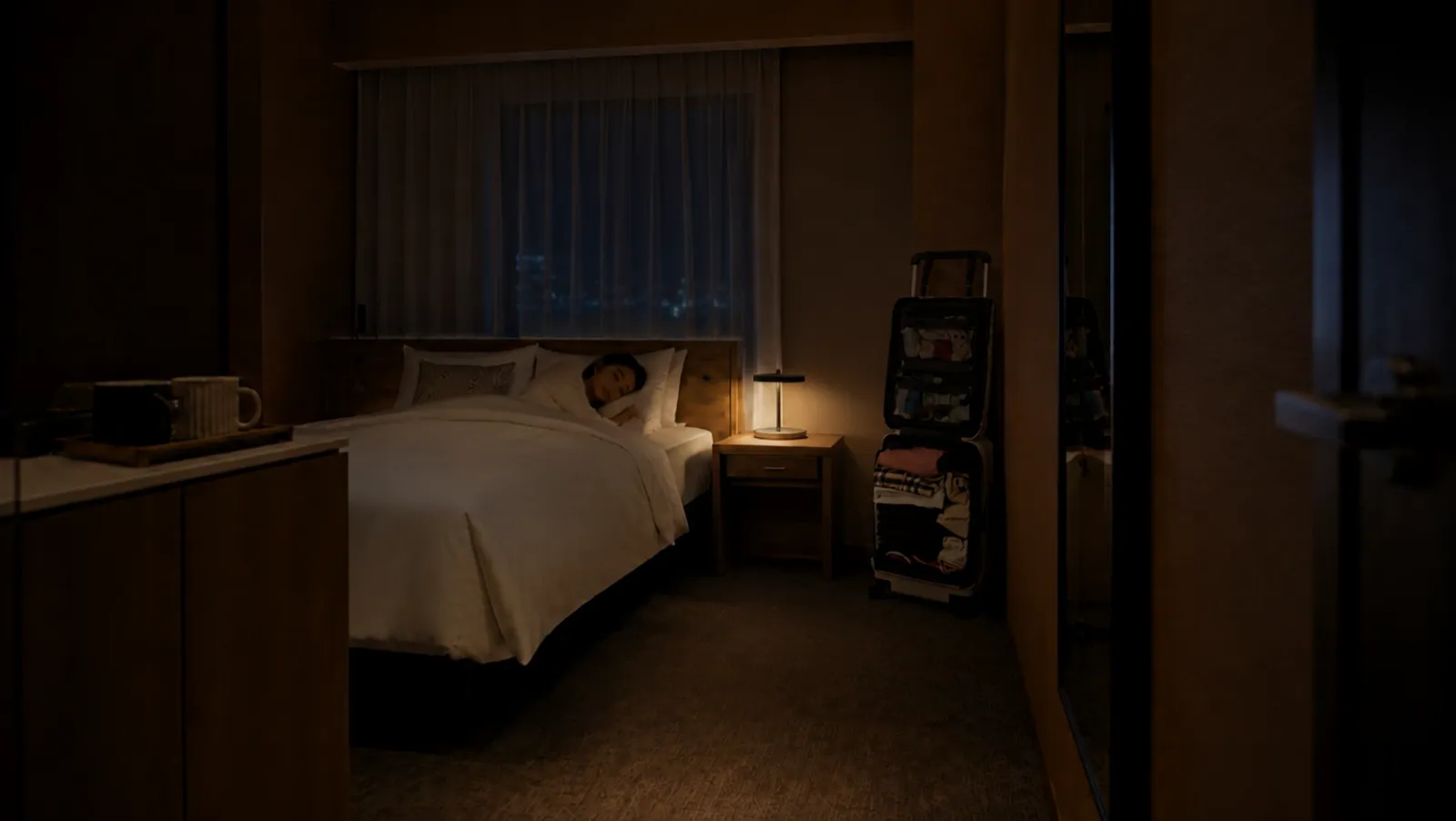 The Vasy carry-on standing open in a hotel room, packed contents visible and arranged like a small wardrobe.